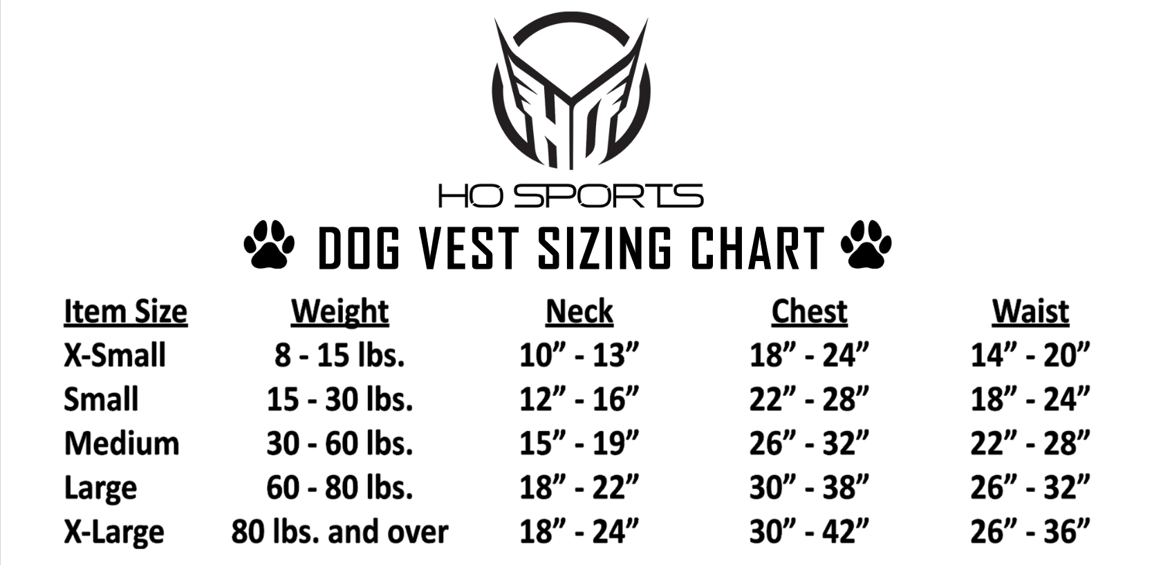 HO Sport Dog Vest 0 Size Chart